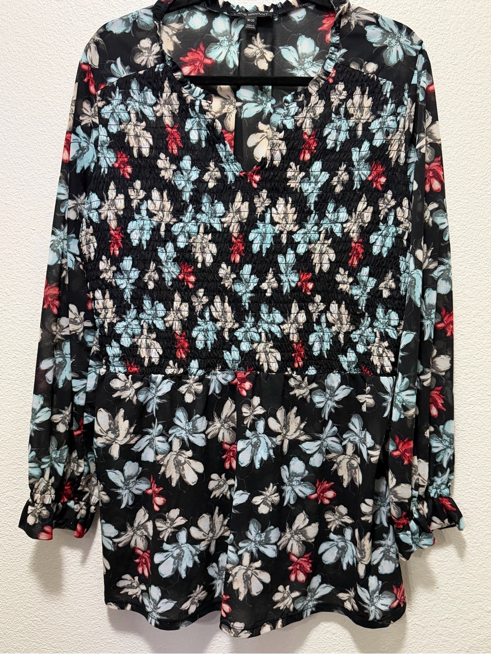 Lane Bryant black floral sheer blouse, long sleeve, 18/20